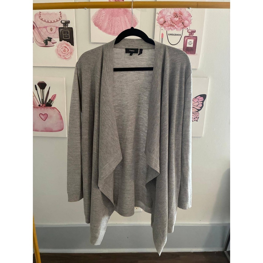 Theory Womens Heather Grey Wool Draped Waterfall Open Front Cardigan Size M